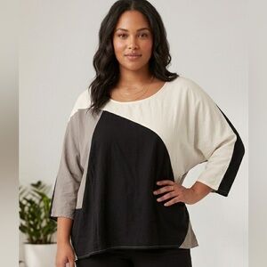For Cynthia Woman Black, White, and Taupe Linen Blend Color-block Top